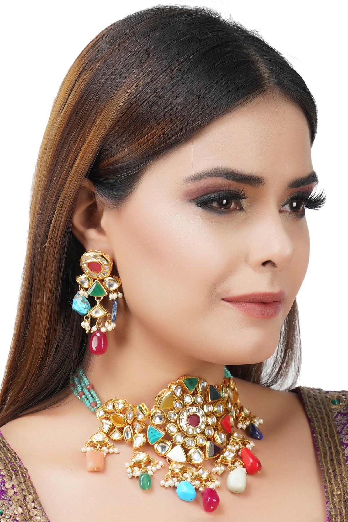 Gold Plated Kundan Polki & Navratna Necklace Set