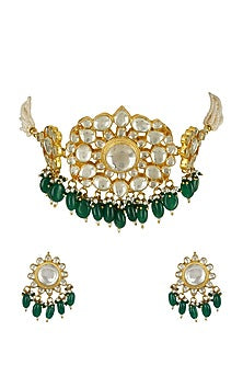 Gold Plated Green Beads & Kundan Polki Choker Necklace Set