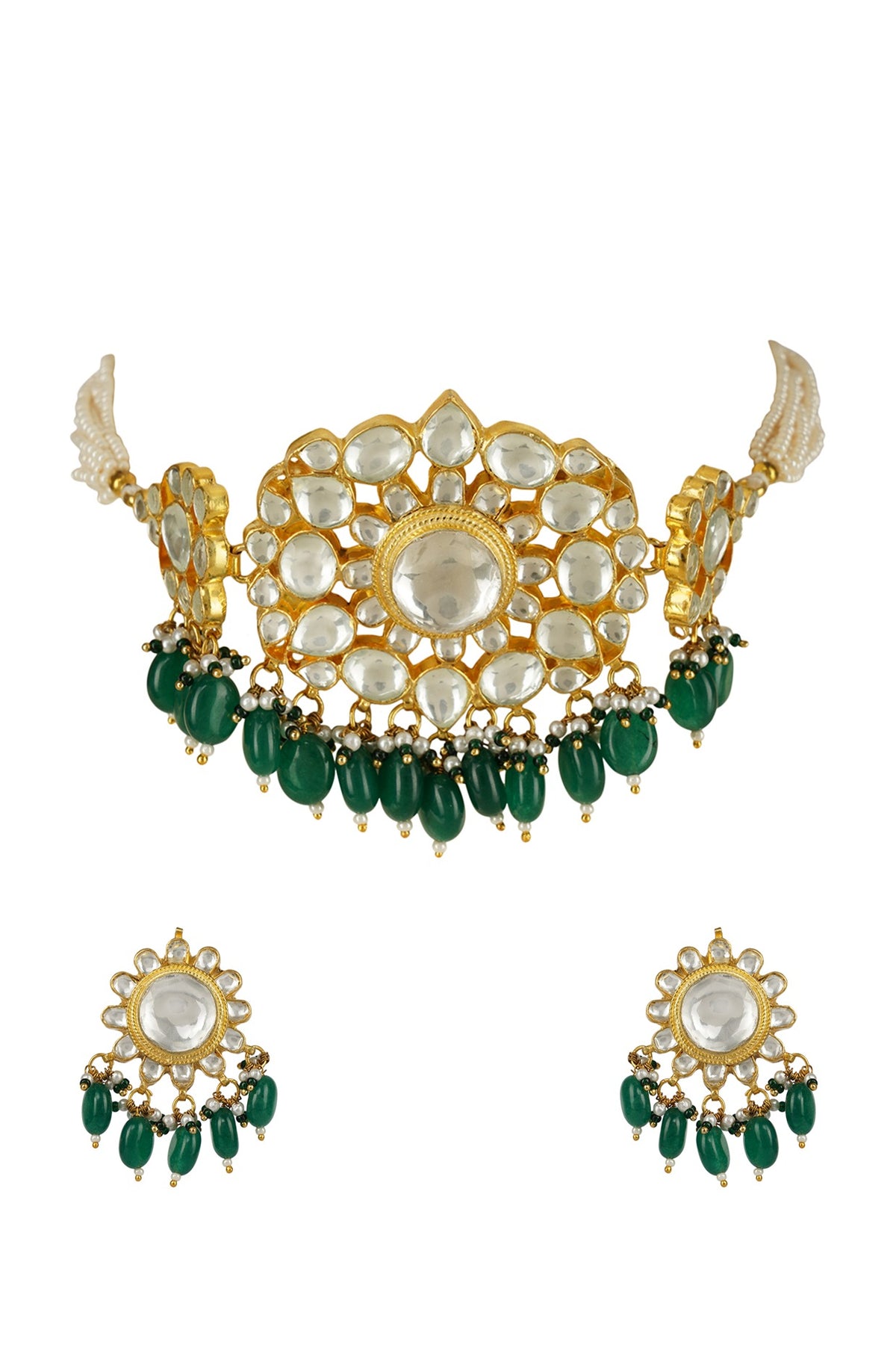 Gold Plated Green Beads & Kundan Polki Choker Necklace Set