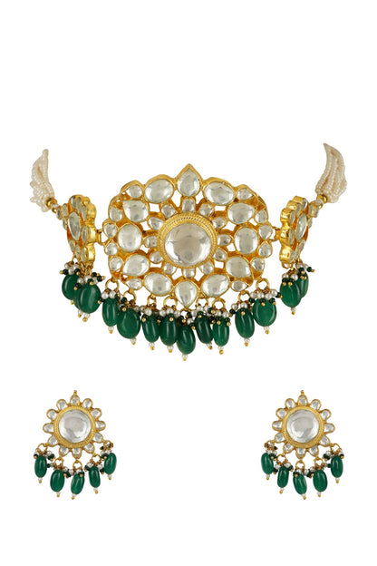 Gold Plated Green Beads & Kundan Polki Choker Necklace Set