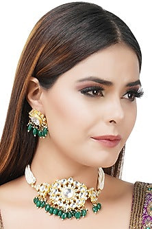 Gold Plated Green Beads & Kundan Polki Choker Necklace Set