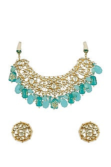 Gold Plated Necklace Set With Blue Kundan Polki