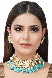 Gold Plated Necklace Set With Blue Kundan Polki