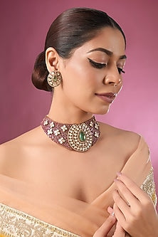 Gold Finish Kundan Polki & Pink Stone Choker Necklace Set