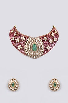 Gold Finish Kundan Polki & Pink Stone Choker Necklace Set