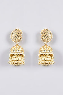 Gold Finish Kundan Polki & Pearl Detailing Jhumka Earrings