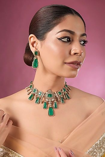 Gold Finish Kundan Polki &  Emerald Green Stone Choker Necklace Set