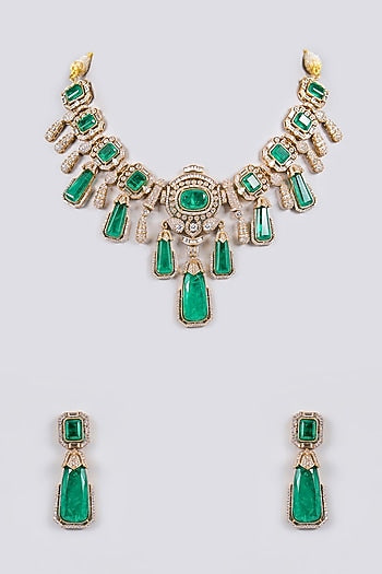 Gold Finish Kundan Polki &  Emerald Green Stone Choker Necklace Set