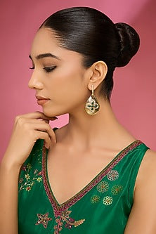 Gold Finish Kundan Polki & Green Stone Dangler Earrings