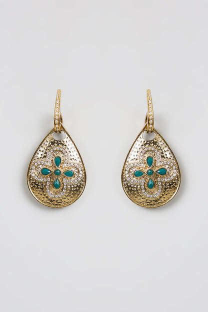 Gold Finish Kundan Polki & Green Stone Dangler Earrings