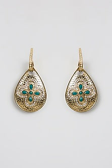 Gold Finish Kundan Polki & Green Stone Dangler Earrings
