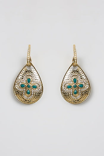 Gold Finish Kundan Polki & Green Stone Dangler Earrings