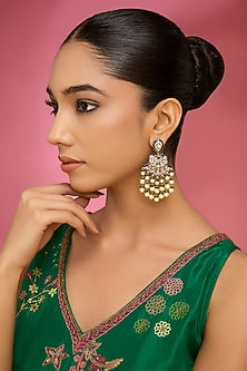 Gold Finish Kundan Polki & Pearl Hanging Chandbali Earrings