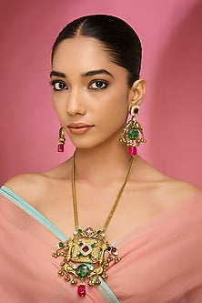 Gold Finish Kundan Polki & Pink Stone Long Necklace Set