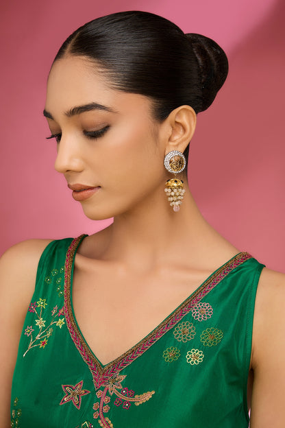 Gold Finish Kundan Polki & American Diamond Dangler Earrings