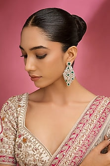 Gold Finish Kundan Polki & Green Stone Chandbali Earrings