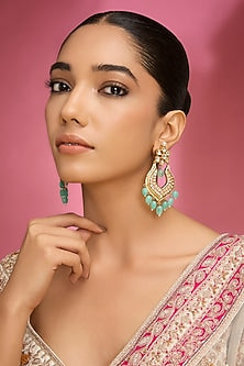 Gold Finish Kundan Polki & Green Stone Chandbali Earrings