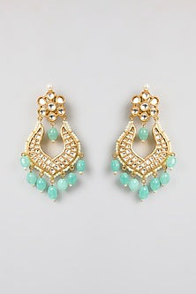 Gold Finish Kundan Polki & Green Stone Chandbali Earrings