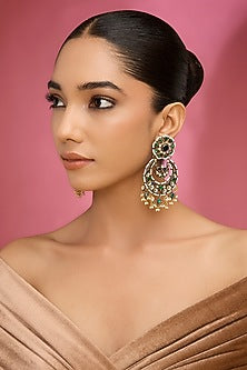 Gold Finish Kundan Polki & Green Stone Chandbali Earrings