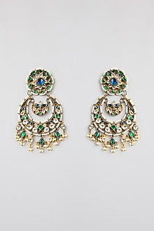 Gold Finish Kundan Polki & Green Stone Chandbali Earrings