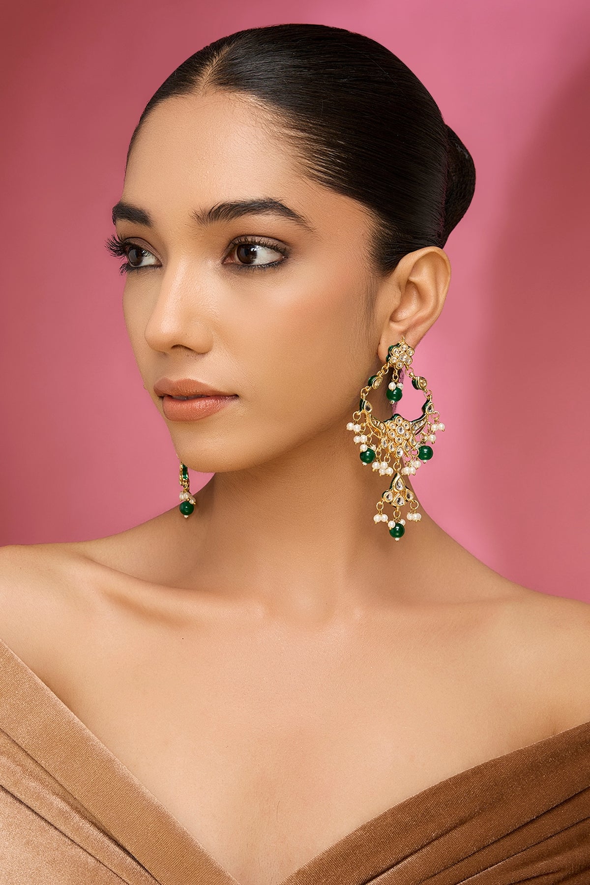 Gold Finish Kundan Polki & Green Gemstone Chandbali Earrings