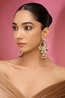 Gold Finish Kundan Polki & Green Gemstone Chandbali Earrings