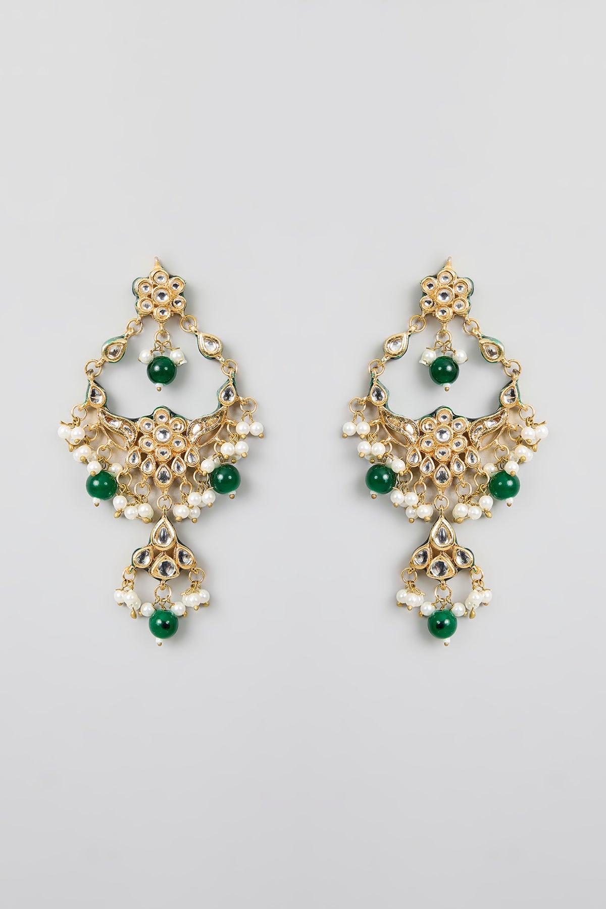 Gold Finish Kundan Polki & Green Gemstone Chandbali Earrings