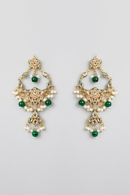 Gold Finish Kundan Polki & Green Gemstone Chandbali Earrings