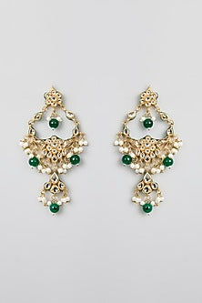 Gold Finish Kundan Polki & Green Gemstone Chandbali Earrings