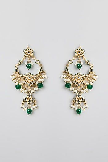 Gold Finish Kundan Polki & Green Gemstone Chandbali Earrings