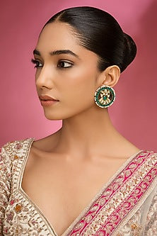 Gold Finish Kundan Polki & Green Sone Stud Earrings