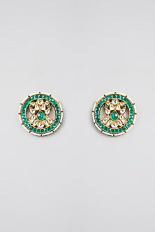 Gold Finish Kundan Polki & Green Sone Stud Earrings