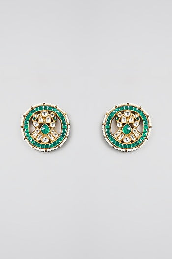 Gold Finish Kundan Polki & Green Sone Stud Earrings