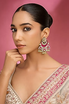 Gold Finish Kundan Polki & Pink Stone Chandbali Earrings