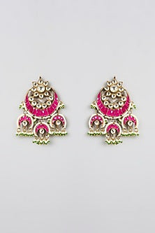 Gold Finish Kundan Polki & Pink Stone Chandbali Earrings