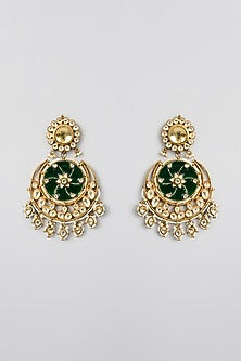 Gold Finish Kundan Polki & Green Stone Chandbali Earrings