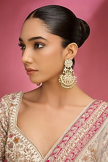 Gold Finish Kundan Polki & Pearl Chandbali Earrings