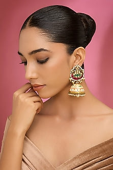 Gold Finish Kundan Polki & Green Stone Dangler Earrings