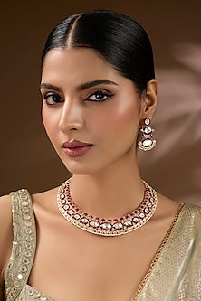 Gold Finish Kundan Polki & Ruby Stone Choker Necklace Set