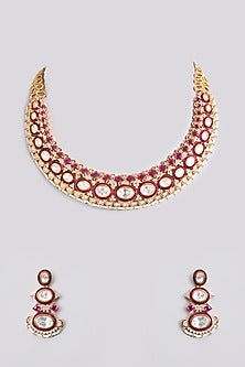 Gold Finish Kundan Polki & Ruby Stone Choker Necklace Set