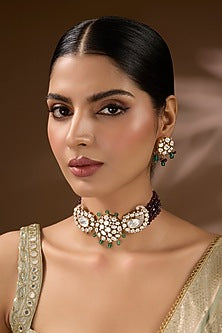 Gold Finish Kundan Polki Enameled Choker Necklace Set