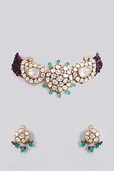 Gold Finish Kundan Polki Enameled Choker Necklace Set