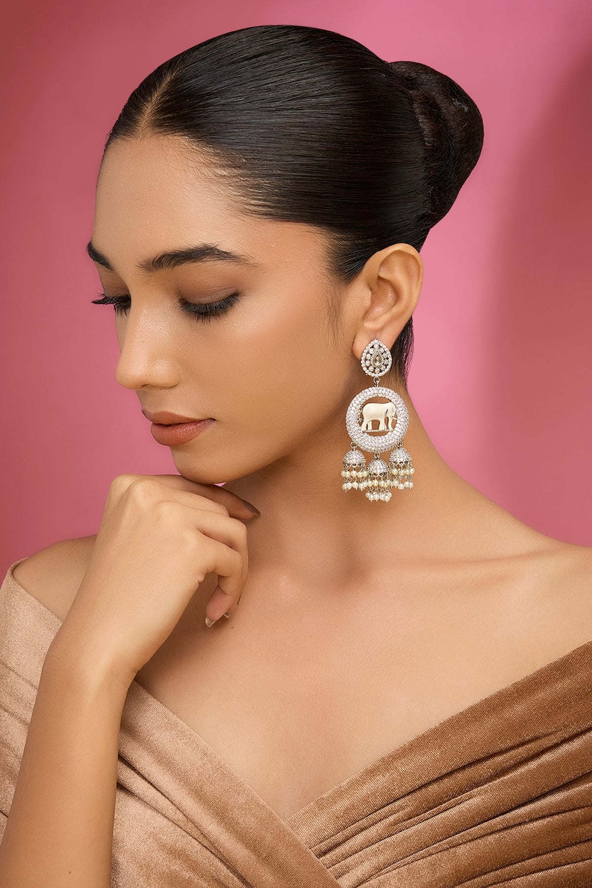White Finish Kundan Polki Chandbali Earrings