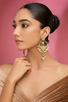 Gold Finish Kundan Polki & Pearl Chandbali Earrings