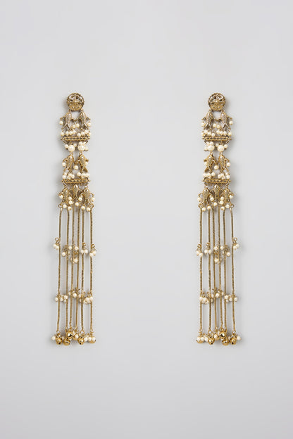 Gold Finish Kundan Polki Long Tassel Earrings