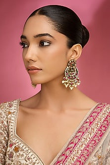 Gold Finish Multi-Colored Kundan Polki & Pearl Chandbali Earrings