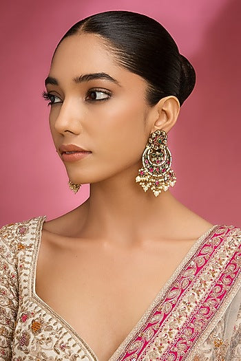 Gold Finish Multi-Colored Kundan Polki & Pearl Chandbali Earrings