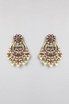 Gold Finish Multi-Colored Kundan Polki & Pearl Chandbali Earrings