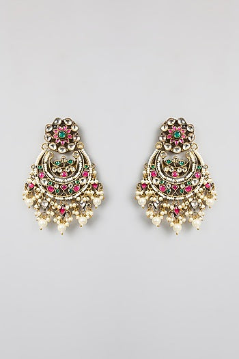 Gold Finish Multi-Colored Kundan Polki & Pearl Chandbali Earrings