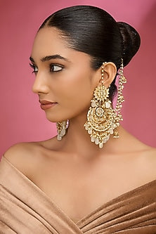 Gold Finish Kundan Polki & Pearl Chandbali Earrings
